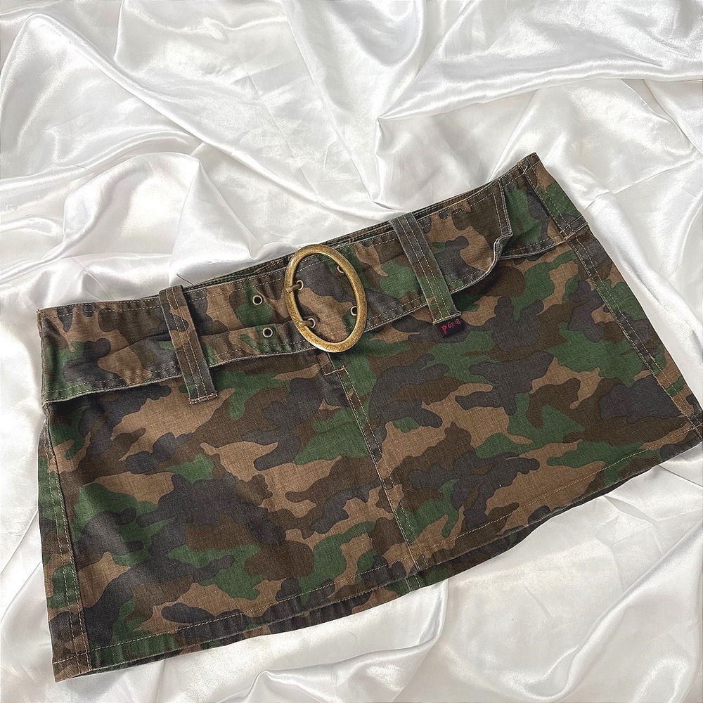 Vintage Mudd Camo Mini Skirt Y2K Low Rise Belted Woodland Camouflage Size 9